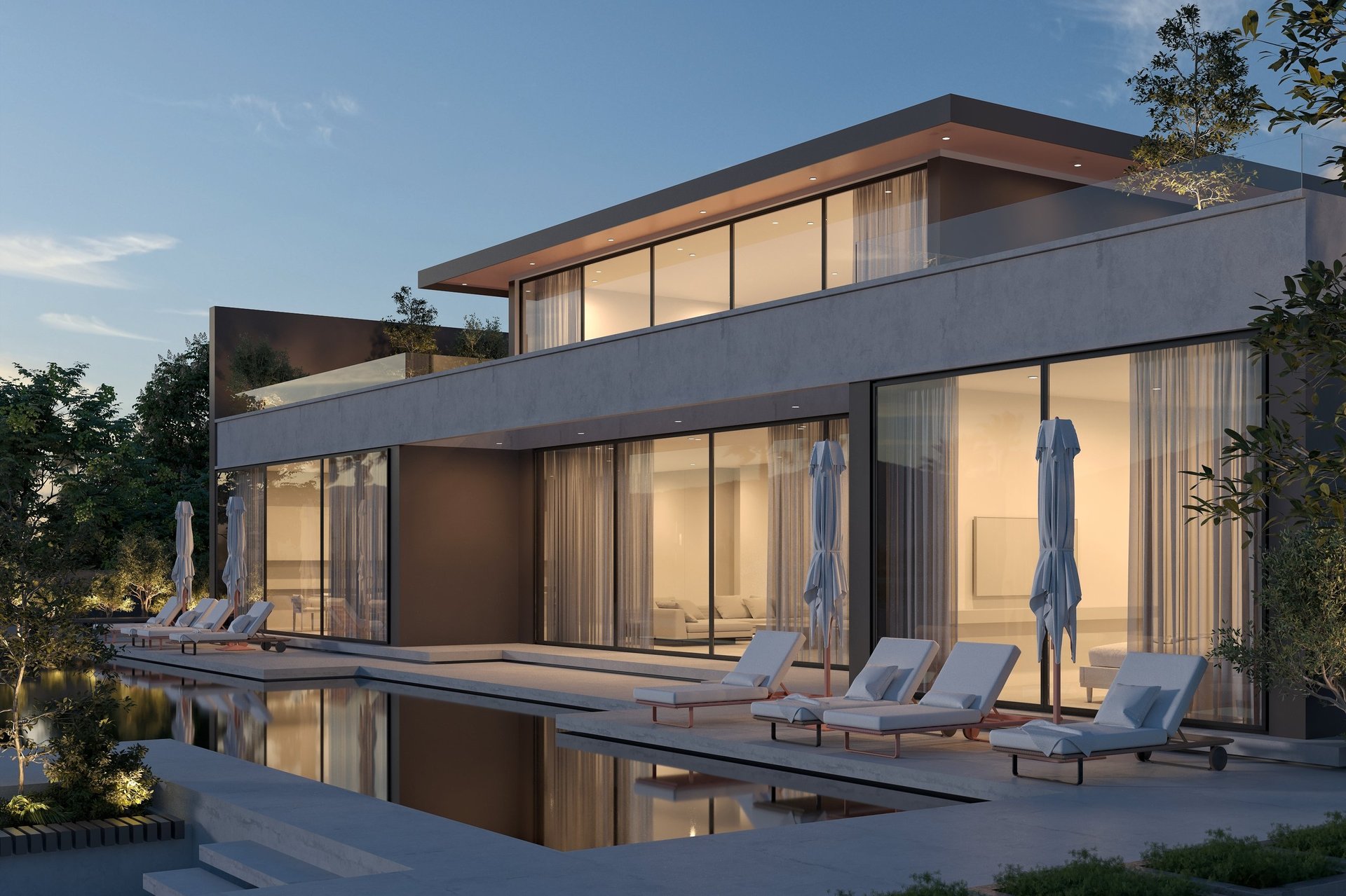 Luxury villa exterior with swimming pool in tropical setting