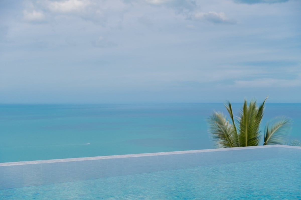 Clean Minimalist Ocean View from Luxury Poolside with Coconut Leaf Travel Background