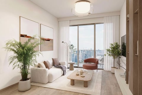 Modern minimalist living room with cream furniture, potted plants, wooden coffee table, and floor-to-ceiling windows overlooking a city skyline