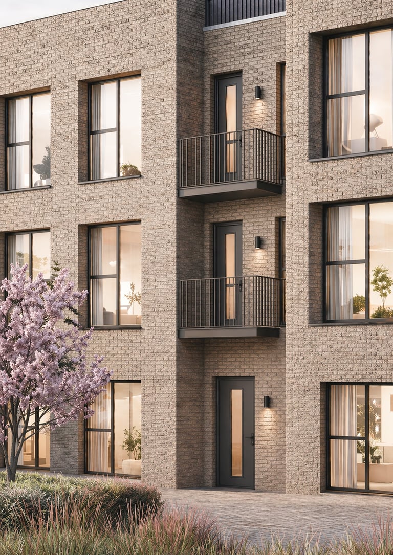 Modern brick apartment building with multiple floors, balconies, dark-framed windows, and a blooming purple tree in front