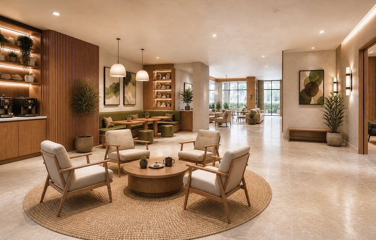 Modern luxury living room with beige chairs around a circular wooden table, pendant lights, wooden accent wall, and contemporary furnishings