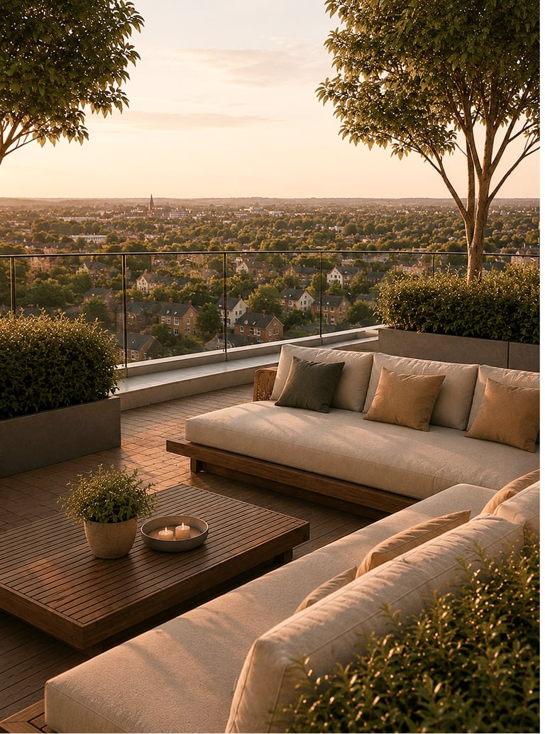 Elevated terrace with beige furniture and cityscape view at sunset, framed by large trees and glass railing
