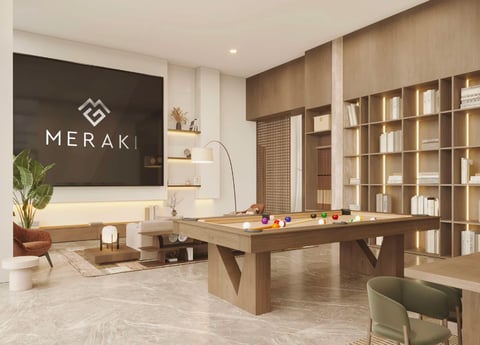 Modern showroom interior with MERAKI logo on dark wall, wooden desk, shelving, and contemporary furnishings