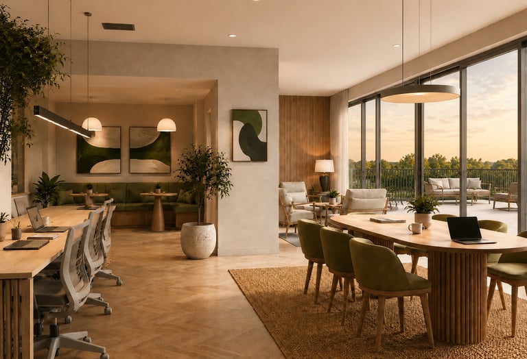 Modern open-plan office with natural wood desks, green chairs, pendant lighting, plants, and floor-to-ceiling windows overlooking a landscape
