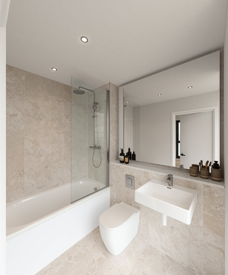 Modern bathroom with white bathtub, glass shower enclosure, white toilet, and vanity with mirror and recessed lighting