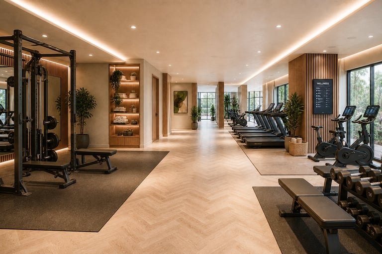 Modern gym interior with exercise equipment, wooden flooring, ambient lighting, and potted plants throughout the space