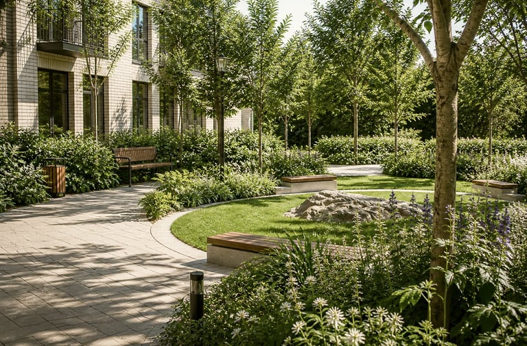 Modern courtyard with paved walkway, manicured lawn, curved seating area, and mature trees beside a stone building