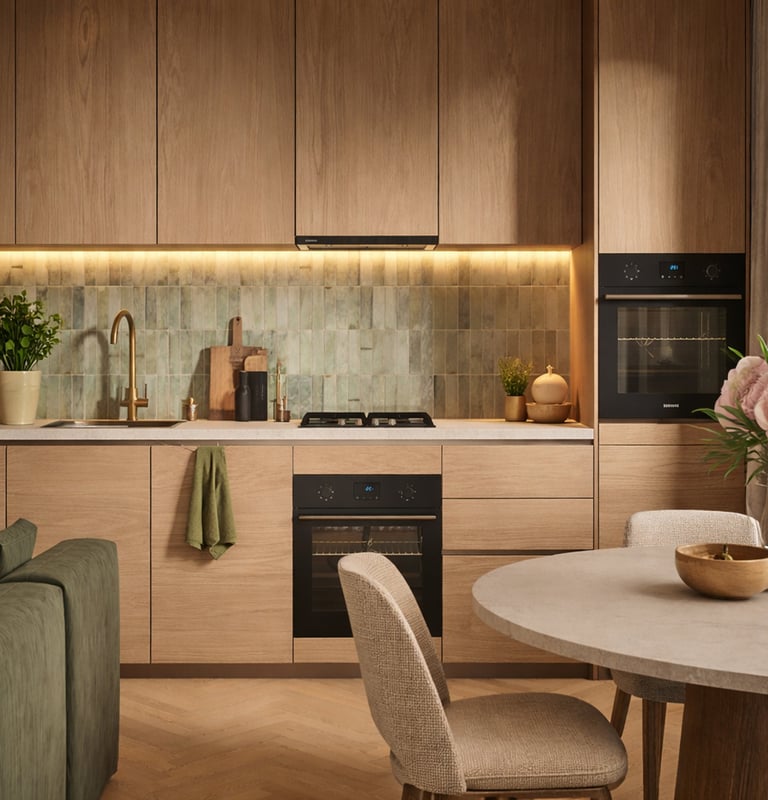 Modern kitchen with light wood cabinets, marble backsplash, ambient lighting, and black built-in appliances, adjacent to dining area