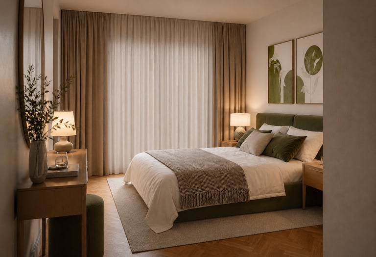 Modern bedroom with green upholstered bed, neutral bedding, table lamps, flowing curtains, and botanical wall art