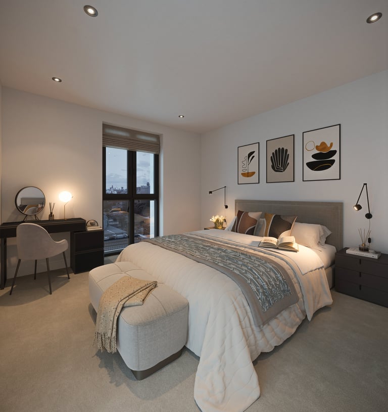 Modern bedroom with gray bed, nightstands, balcony access, wall art, desk area, and neutral decor