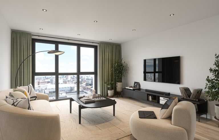 Modern living room with beige furnishings, floor-to-ceiling windows, wall-mounted TV, and city views