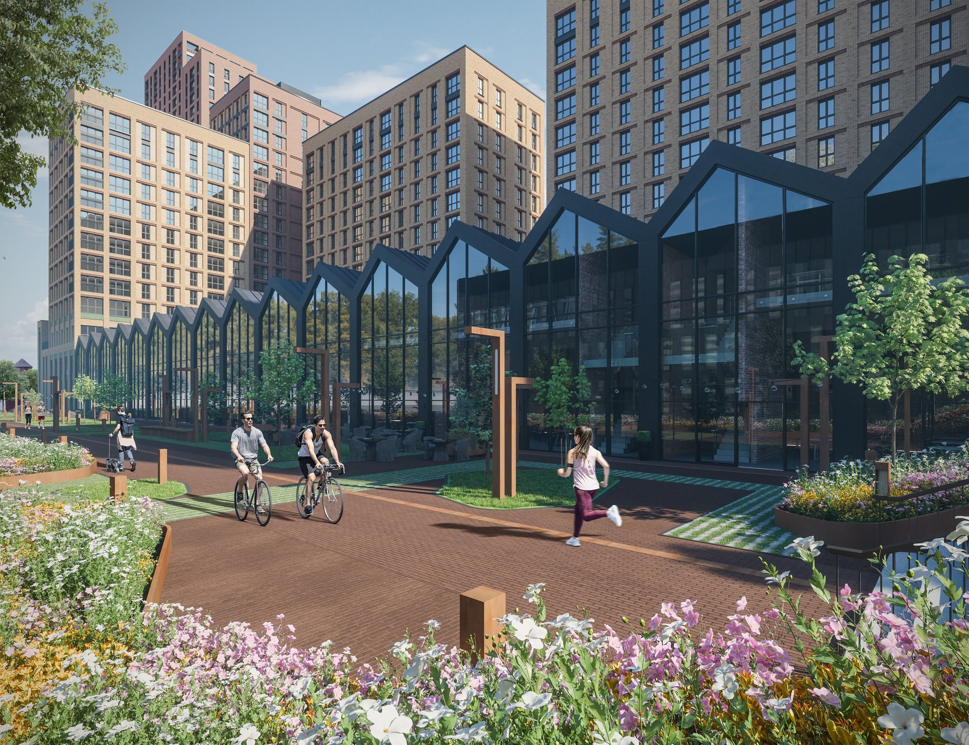 Modern urban plaza with glass and steel building, people cycling, brick courtyard, flowering gardens, and tall residential towers in background