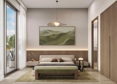 Modern bedroom with a bed, warm wood headboard accent wall, landscape artwork, pendant light, and large windows with natural light.