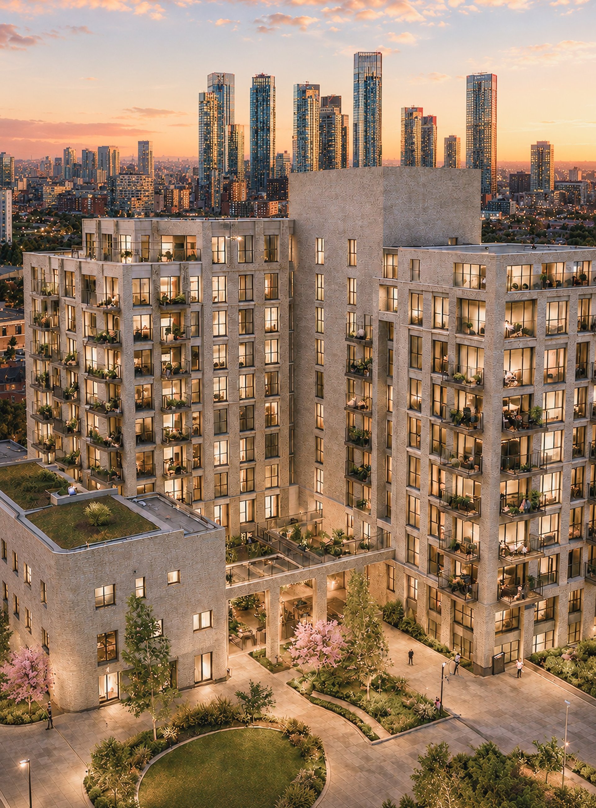 Modern residential buildings with illuminated windows and courtyard, city skyline at sunset in background