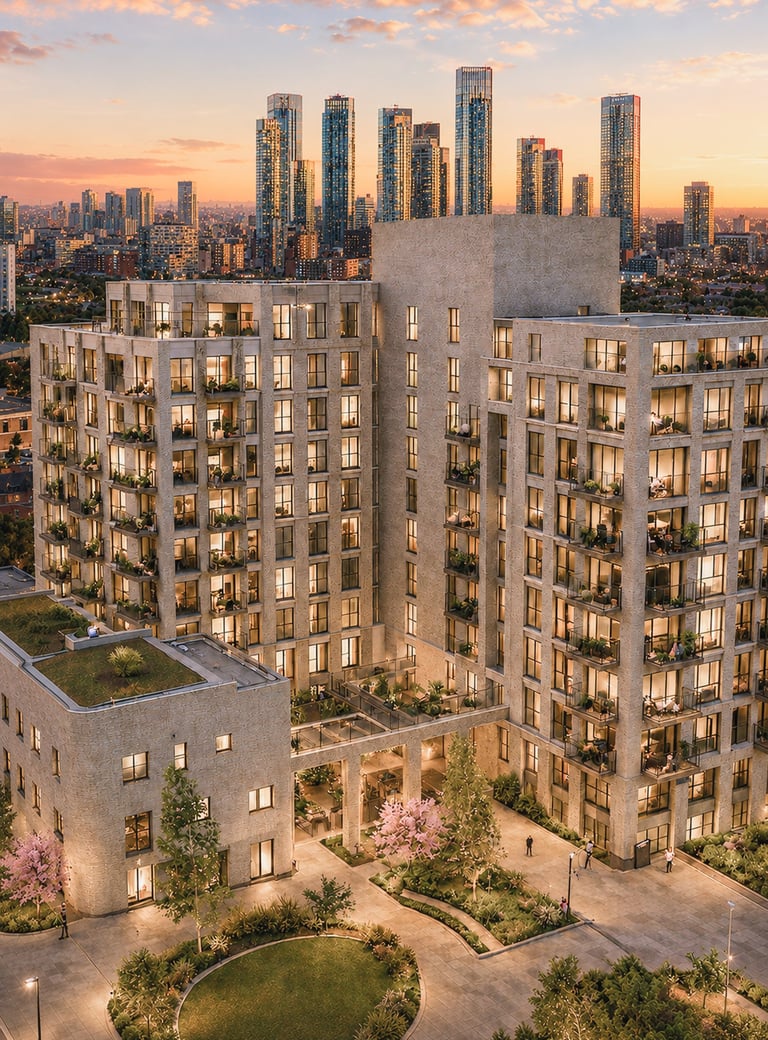 Modern residential buildings with illuminated windows and courtyard, city skyline at sunset in background