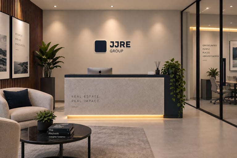 Modern real estate office lobby with JJRE Group reception desk, comfortable seating area, potted plants, and contemporary lighting design
