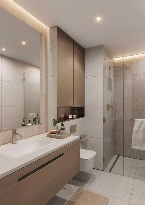Modern bathroom with floating vanity, wall-mounted mirror with storage, walk-in shower, and neutral tile design